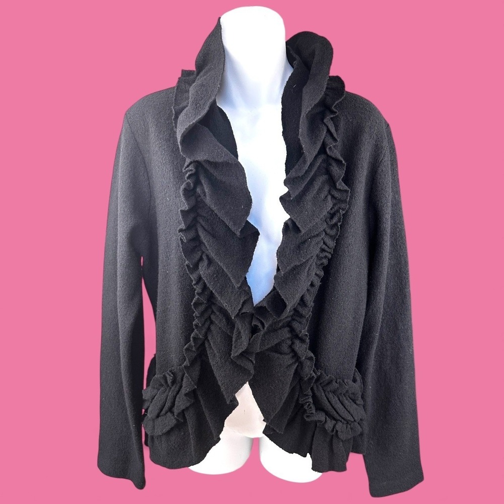 Cache Vintage Black Wool‎ Ruffle Waterfall Front Jacket Cardigan XL